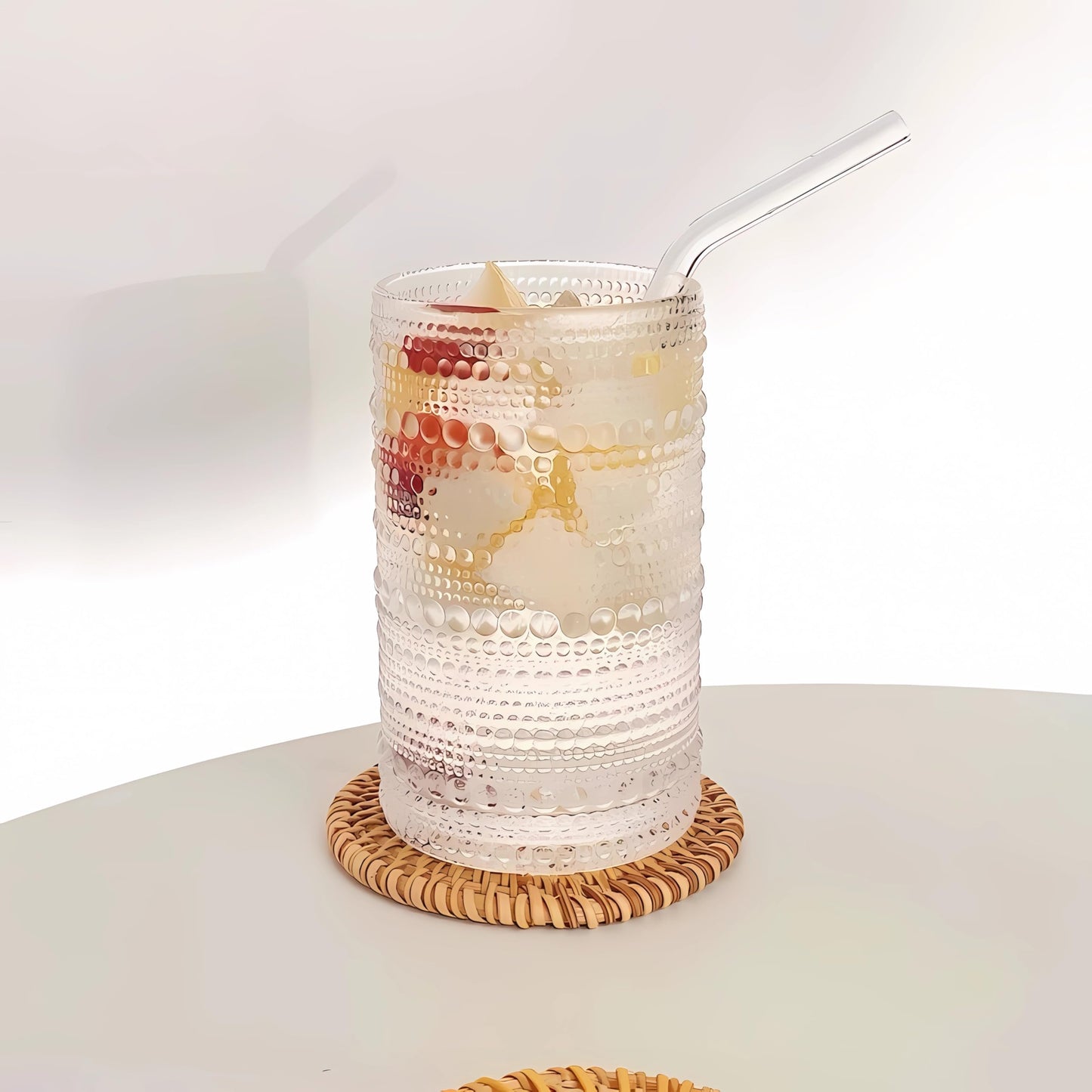 Ework4U 2 Pcs Iced Coffee Glasses Cups with Glass Lids and Straws,12 oz Thick Emboss Beaded Drinking Glass Cup Set,Latte Glasses,Ideal for Water,Soda,Gift with Cleaning Brushes