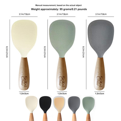 SoKalChw Standing Silicone Cooking Spoon and Rice Spoon with Wooden Handle, Great for Cooking, Mixing, Scoop, Scrape, Non stick Heat Resistant(Green)