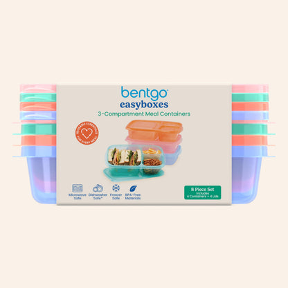 Bentgo Easyboxes - Original Stackable Lunch Boxes - Reusable 3-Compartment Food Containers for Kids and Adults - Bento Lunch Box for Meal Prep, School, & Work - BPA Free, (Pastels (4-Pack))