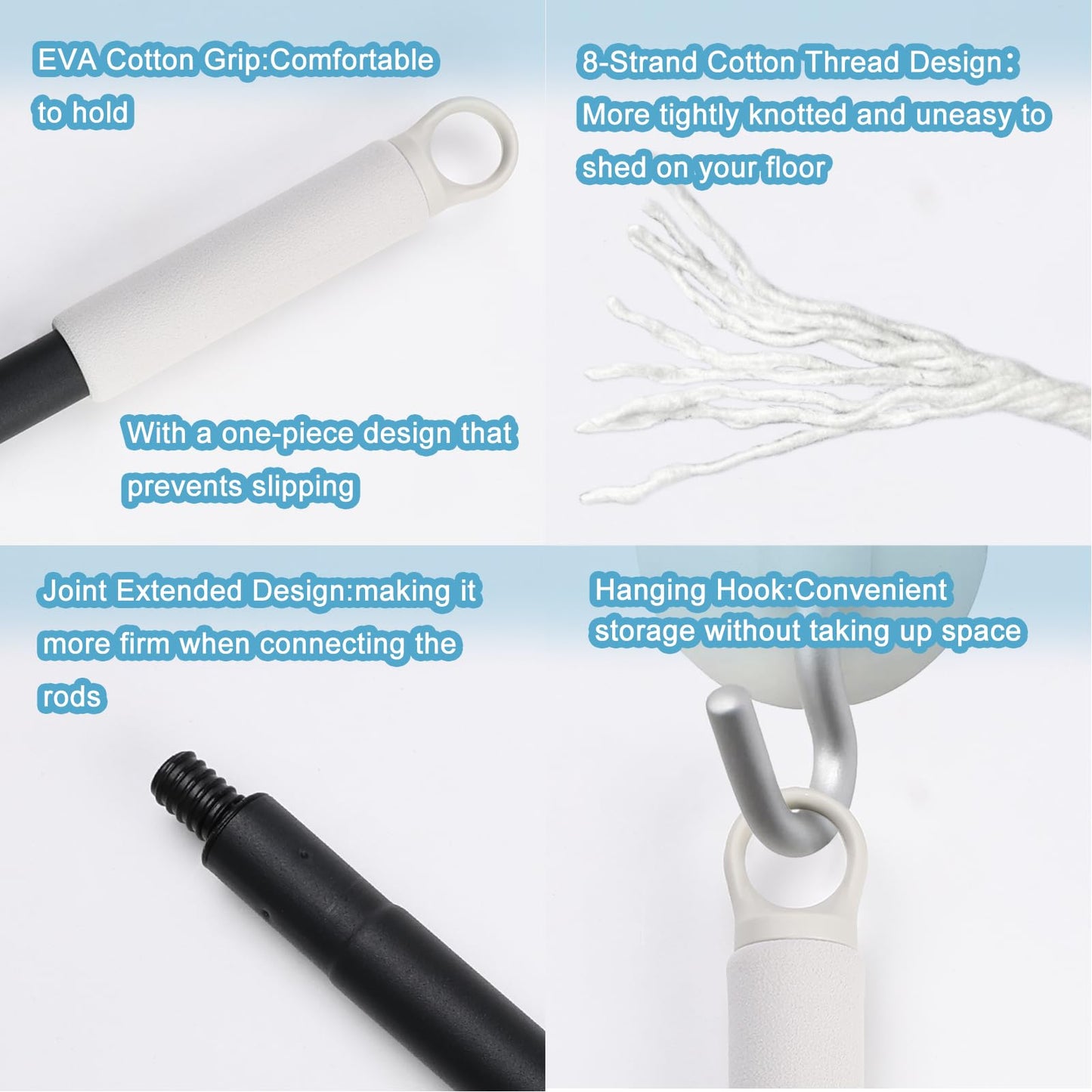 Indoor Mop for Floor Cleaning - Cotton Mops for Floor Cleaning, Regular Mop for Floors, 49-inch Simple Mops for Cleaning Living Rooms, Bathrooms, and Kitchens. (White&Blue)