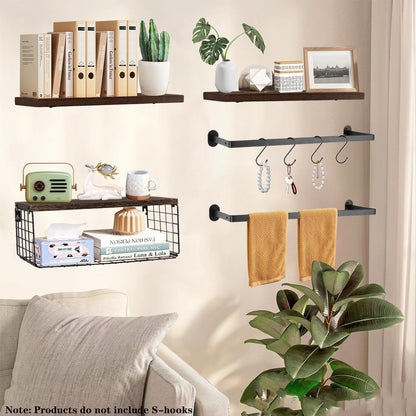 Regine Switzerland Floating Shelves - Wall Mounted Bathroom Organizer with Storage Basket & Towel Rack | Dark Brown, Set of 4, 16 in