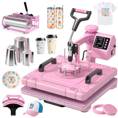 Slendor 8 in 1 Heat Press Machine 15x15 inch 360-Degree Swing Away Digital T Shirt Pressing Machine Multifunction Heat Transfer Sublimation Combo for T Shirts Mugs Hat Plate Cap,Pink
