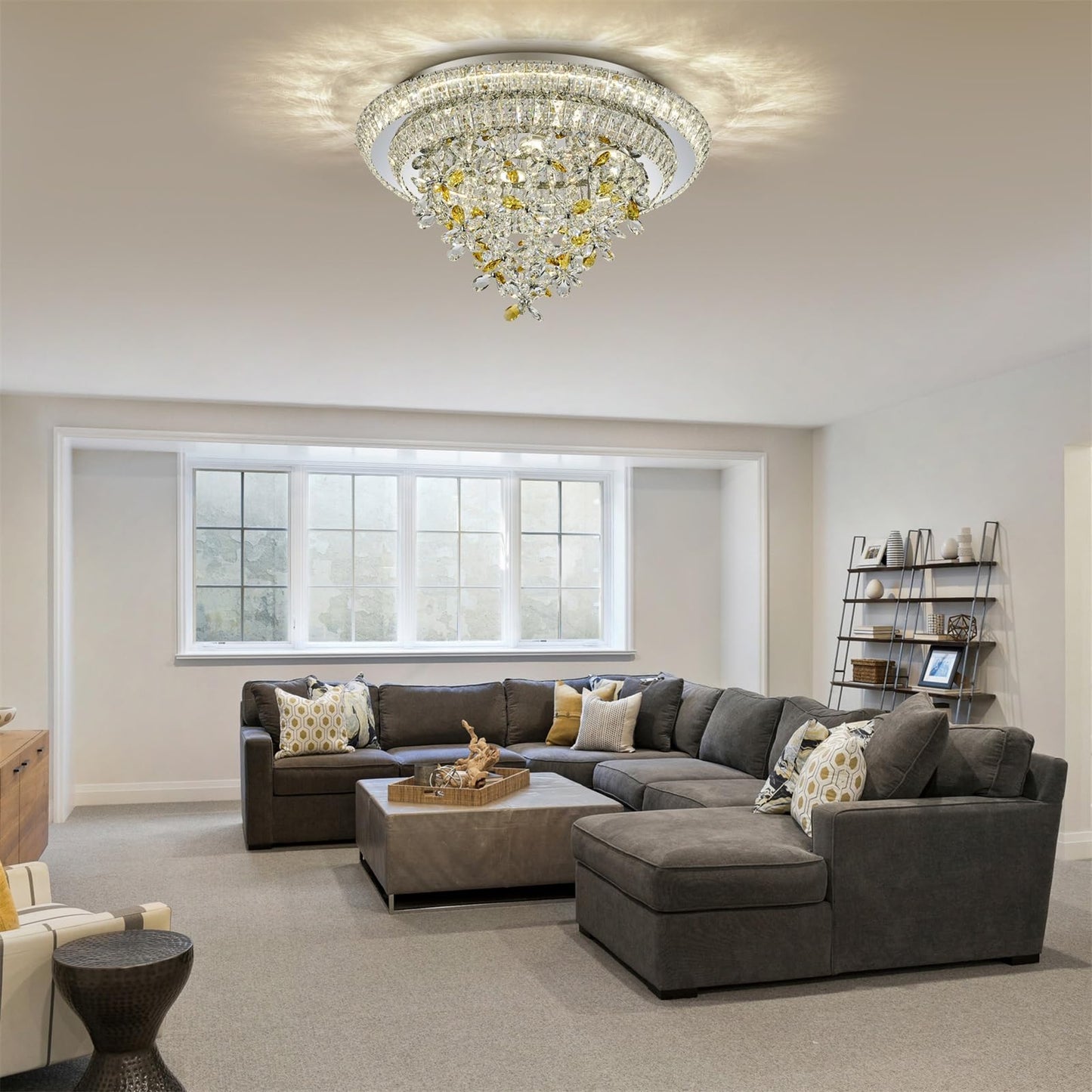24 inch Sliver LED Crystal Ceiling Light, Flush Mount Chandeliers with Remote and APP Control, 3CCT Dimmable, Modern Elegant Raindrop Chandelier Light Fixture for Bedroom Dining Room Living Room Foyer