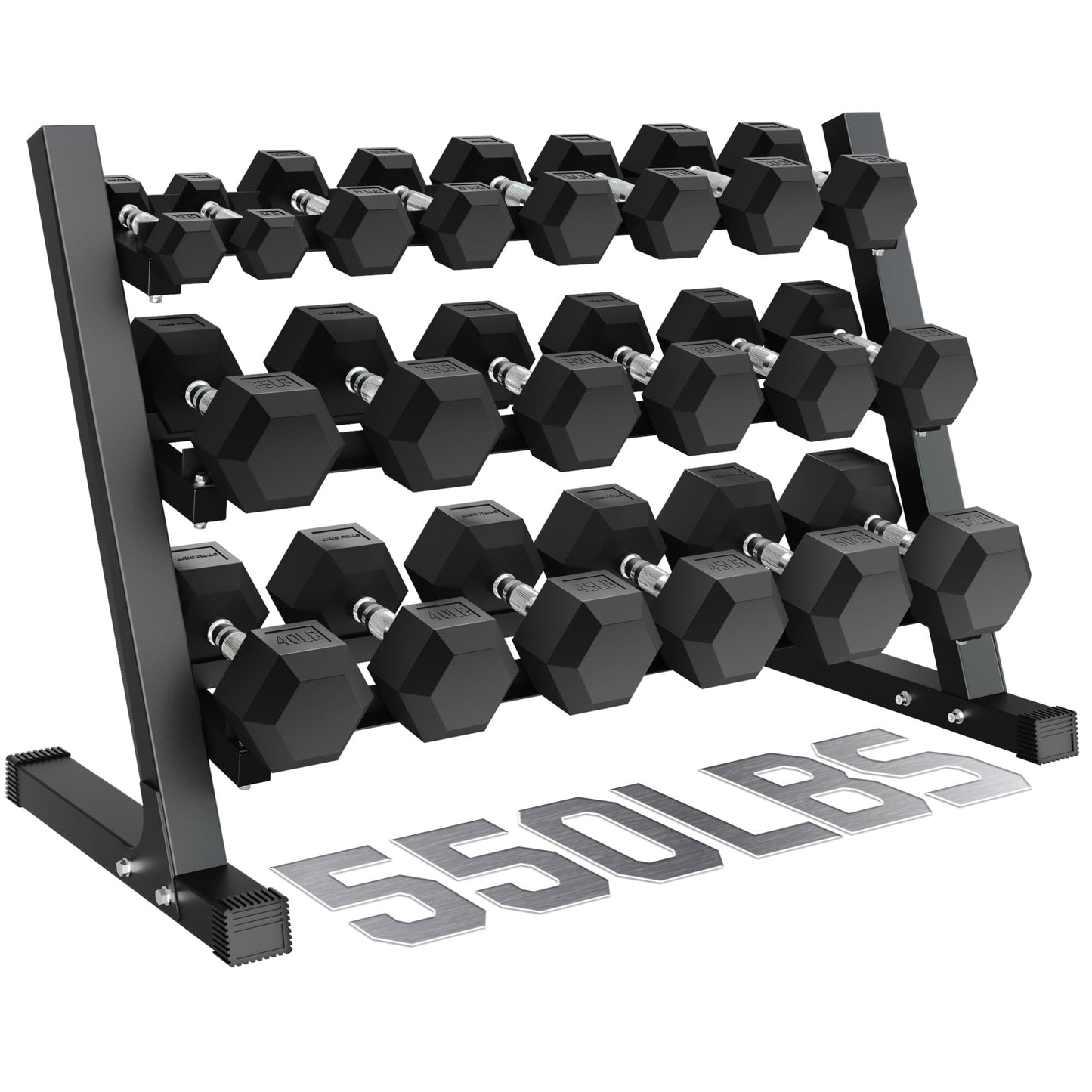 GOIMU Dumbbell Sets with Rack, Rubber Hex Dumbbells, 220/280/360/450/550LBS, Hand Weights with Chrome Handle for Strength Training(550LBS with Rack)
