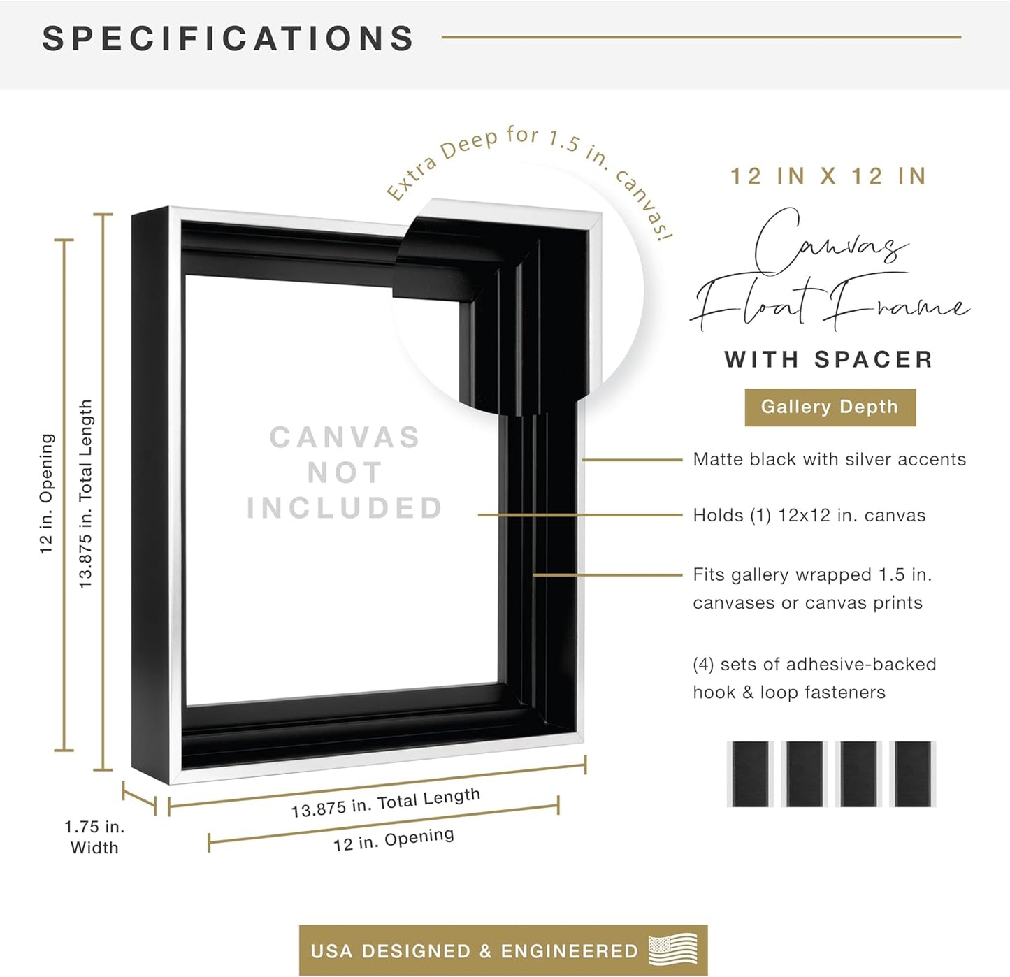 MCS Deep Floating Canvas Frame, Art Frames for Canvas Paintings, 12 x 12 Inch with Adhesive Fasteners and Hardware