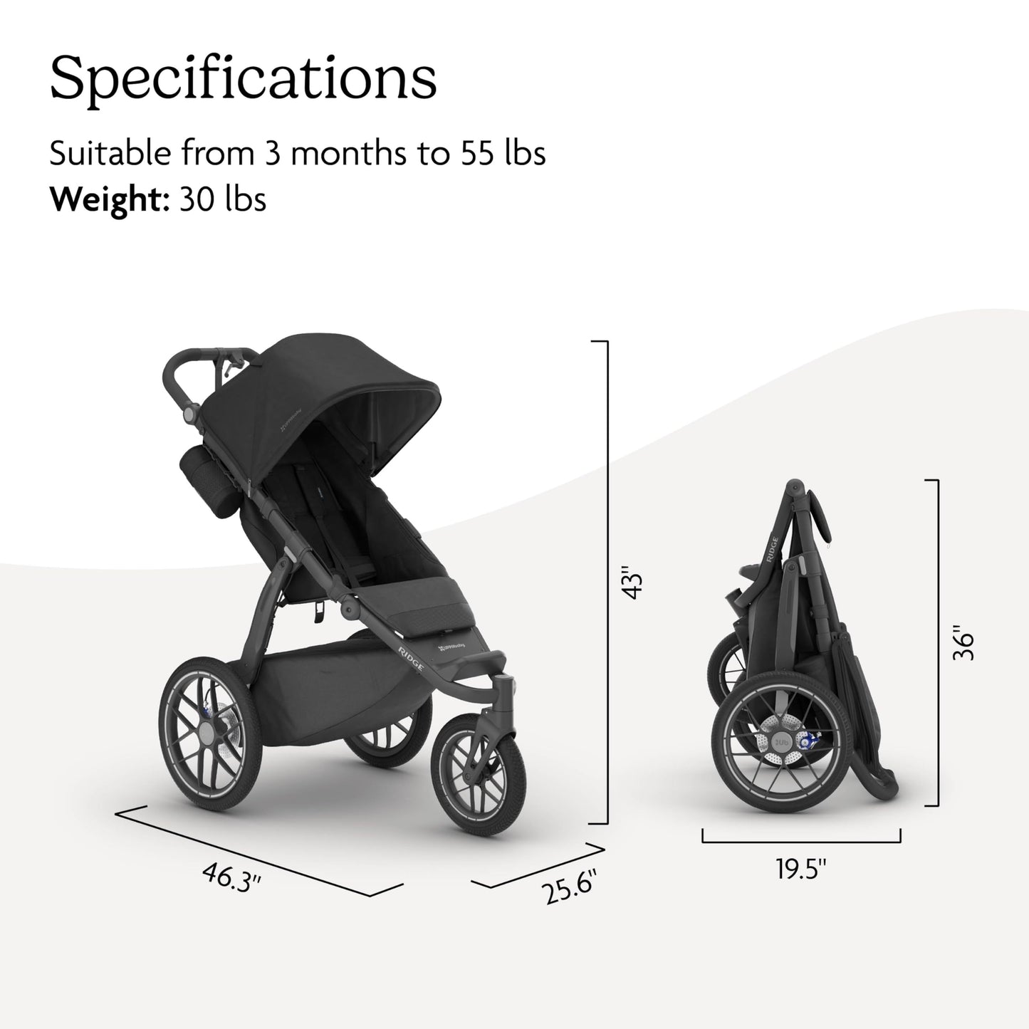 UPPAbaby Ridge V2 Jogging Stroller | All-Terrain Performance Suspension + Never-Flat Tires Built for Walking, Running + Trails | Water Bottle Holder Included | James (Black |Carbon Frame)
