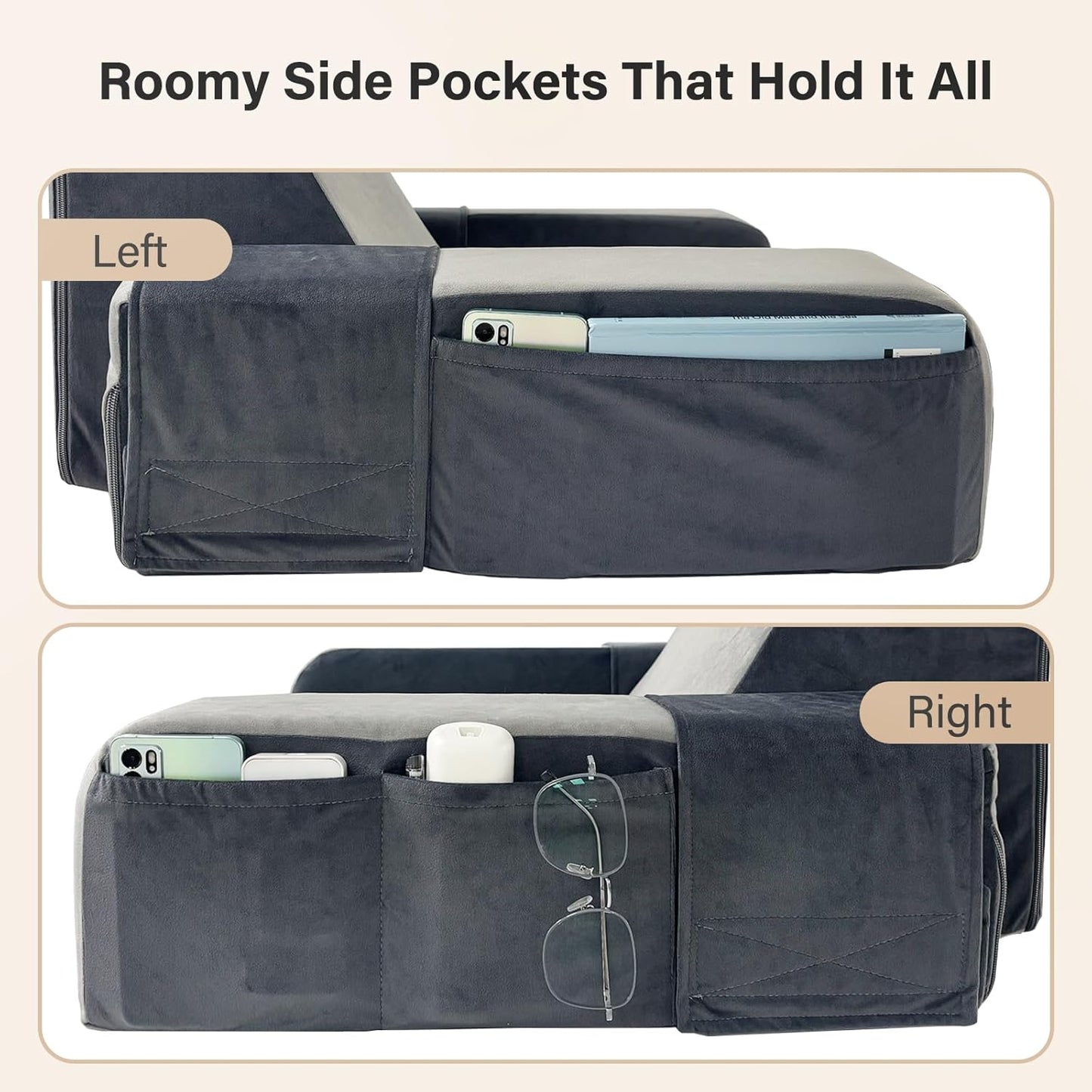 21" 60 Vekkia Reading Pillow for Sitting in Bed Ergonomic Wedge Back Pillow, XL Side Pockets, Removable Cover, Support