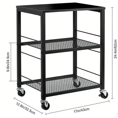 MOOACE 3 Tier End Table with Wheel, Rolling Storage Shelf Side Table Nightstand for Bedroom Kitchen Living Room Office, Stable Metal Frame and Wood Top, Black