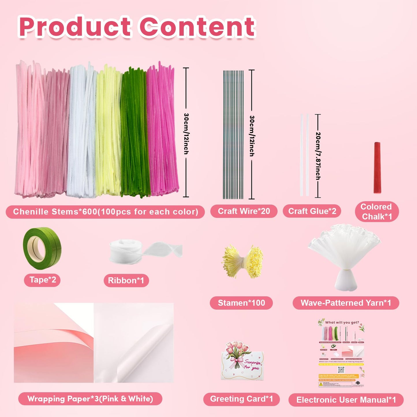 600 PCS Pipe Cleaners Craft, 6 Colors Pipe Cleaner Bulk Flower Kit, Chenille Stems Bulk with Floral Wires, Gardening Tape, Stamen, Wrapping Paper & Ribbon, DIY Art and Craft Supplies - Pink Gradient