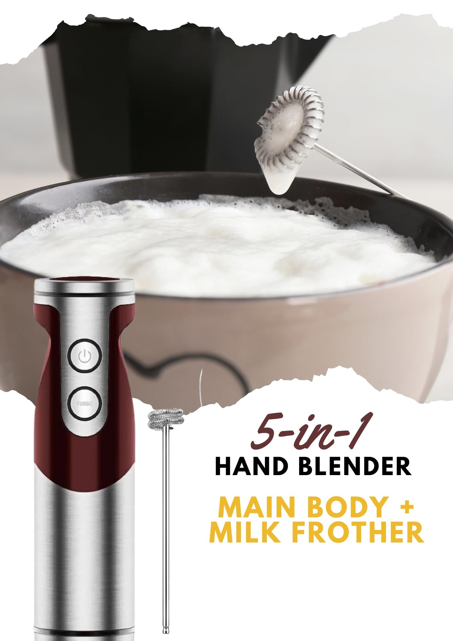 MegaWise Pro Titanium Reinforced 3-in-1 Immersion Corded Hand Blender, Powerful MOTOR with 80% Sharper Blades, 12-Speed Corded Blender, IncludingWhisk and Milk Frother (3-in 1 Red)