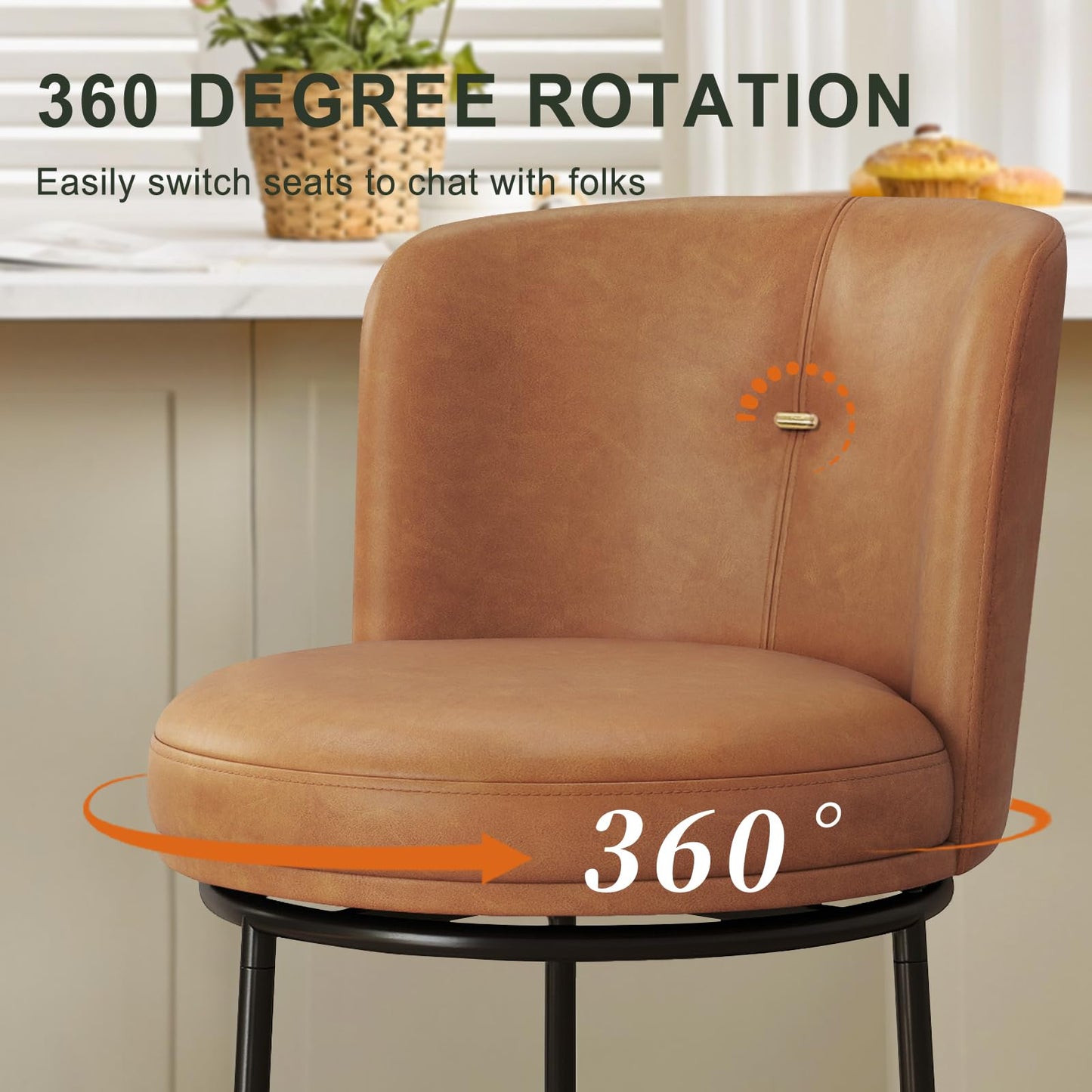 SAECKBERG Swivel Counter Height Bar Stools Set of 4, 26" H Modern Bar Stools for Kitchen Island Counter, Upholstered Barstools with Backs, Counter Height Chairs （Brown, Faux Leather）