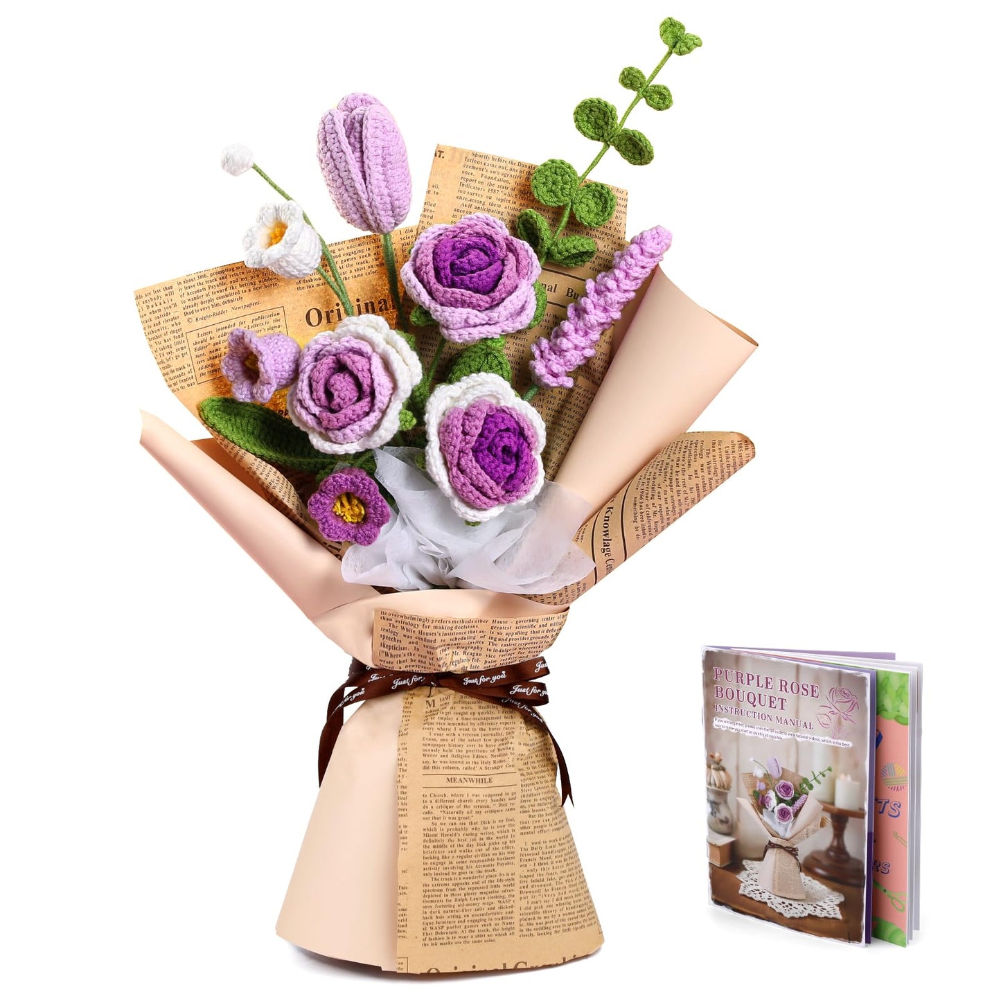 Kogyxe Crochet Kit for Beginners, Purple Rose Crochet Flowers for Adults with Step-by-Step Video Tutorials, DIY Crochet Bouquet Kits Knitting Supplies Include Floral Wire, Newspaper