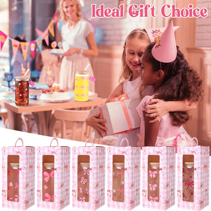 Zhehao 6 Set Cute Coquette Pink Bow Glass Cup Gift Set 16oz Aesthetic Iced Coffee Cup with Lids and Straws Toppers Brushes Gift Boxes Coquette Bow Party Favor Gifts for Girls Women Bridesmaid Mother
