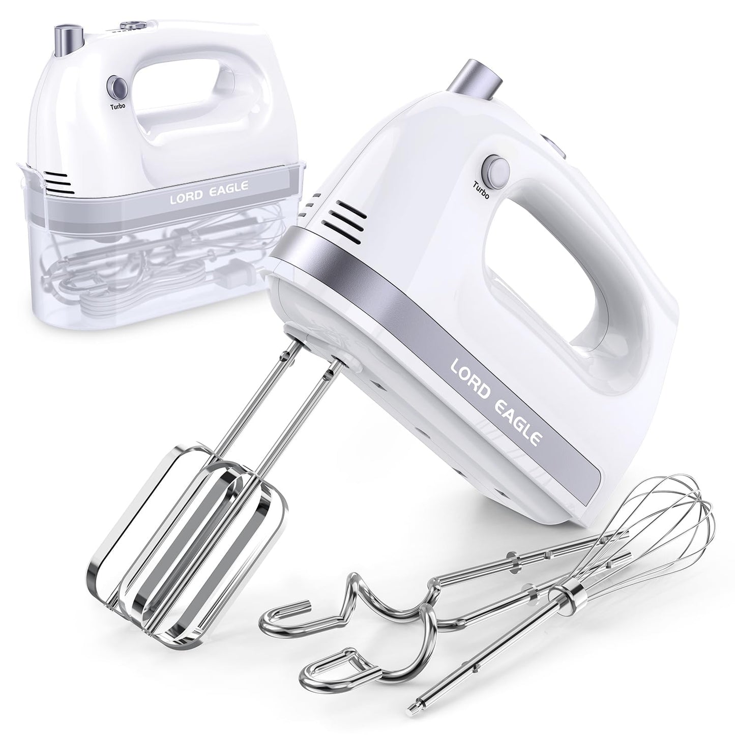Lord Eagle Hand Mixer Electric Handheld 400W, 5-Speed Lightweight Kitchen Mixer with Storage Case, 5 Stainless Steel Attachments for Baking Cake Egg Cream Food Beater, Turbo+Eject Button