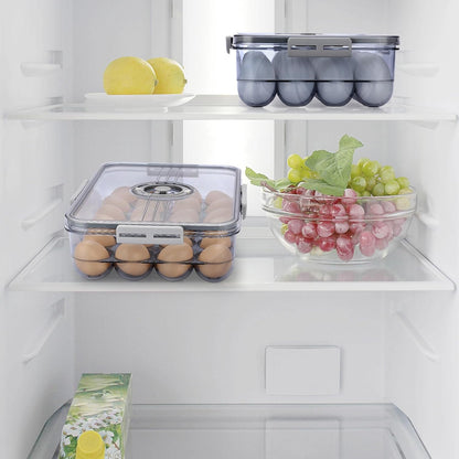 BTSKY Premium Plastic Egg Holder for Fridge - 24 Count Egg Container with Time Reminder and Lid, Reusable Stackable Egg