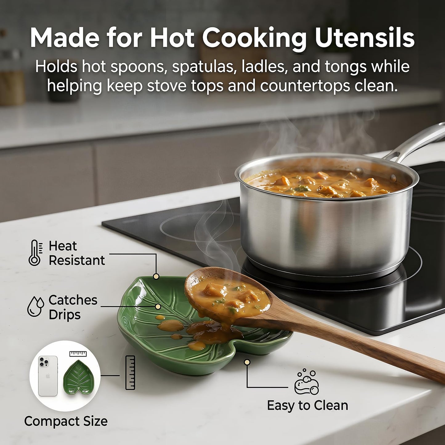 Ceramic Spoon Rest for Stove Top and Kitchen Counter, Green Leaf Spoon Holder, Cute Cooking Spoon Rest, Heat Resistant Dishwasher Safe Kitchen Utensil Rest, Decorative Kitchen Decor