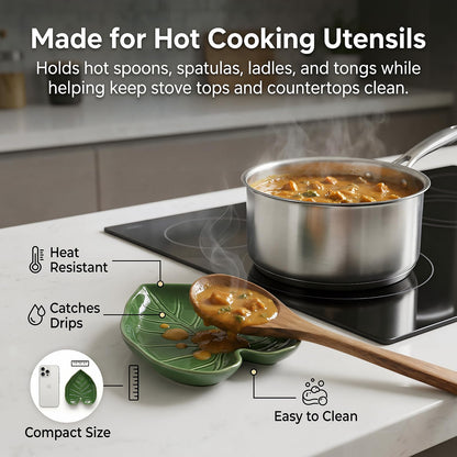 Ceramic Spoon Rest for Stove Top and Kitchen Counter, Green Leaf Spoon Holder, Cute Cooking Spoon Rest, Heat Resistant Dishwasher Safe Kitchen Utensil Rest, Decorative Kitchen Decor