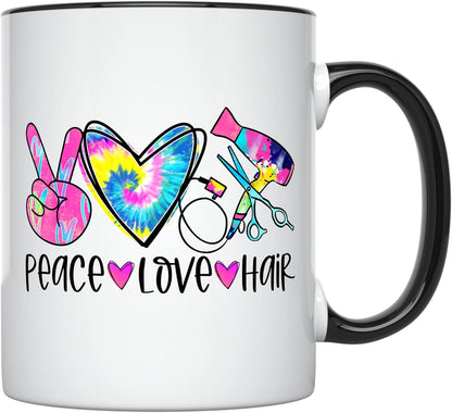 YouNique Designs Peace Love Hair Stylist Coffee Mug, 11 Ounces, Black Handle Mug for Hairdressers