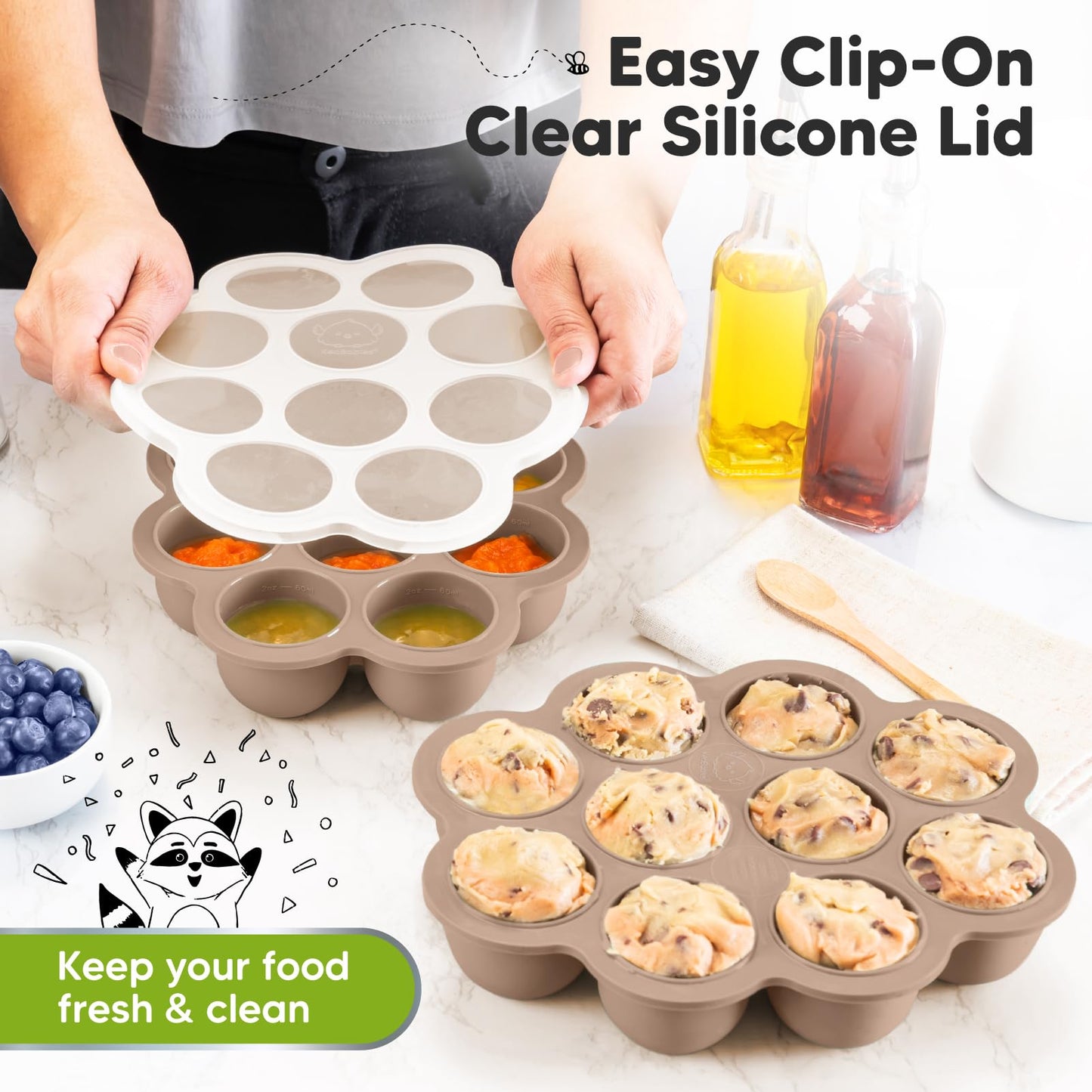 KeaBabies Silicone Food Freezer Trays with Lid, 2oz x 10 Pods Baby Food Storage Containers, Easy Puree Meal Prep, Breast Milk Silicone Freezer Molds, Dishwasher, Microwave Safe, BPA-Free (Chai Latte)