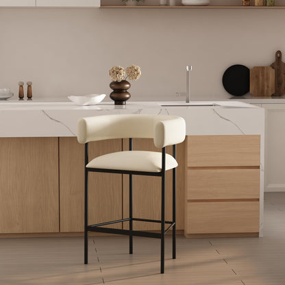 Manhattan Comfort Onda Counter Height Stools for Kitchen and Dining Room, Upholstered in Vegan Leather, Island Chairs with Metal Frame, Wraparound Design, Fully Assembled Furniture, Ivory