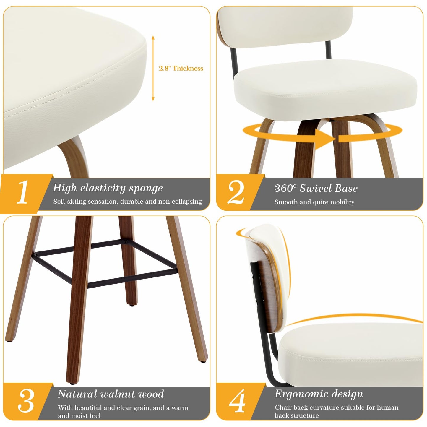 Bekrvio Swivel Counter Height Bar Stools Set of 4, 26" Upholstered Faux Leather Barstools with Back and Bent Wood Legs, Mid Century Modern Bar Chair Island Stool for Kitchen Counter, Cream White