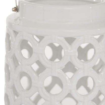 Deco 79 Ceramic Circles Decorative Candle Lantern with Cut Out Design, 8" x 9" x 8", White