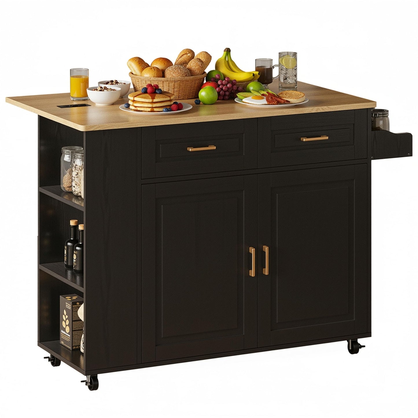 IRONCK Kitchen Island with Power Outlet & Drop Leaf, 47.2" Width Rolling Kitchen Island on Wheels with Storage, Mobile Kitchen Island Cart with Spice Rack, Open Shelves and Drawer, Black