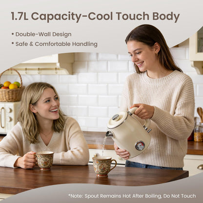 Mecity Retro Electric Kettle 1.7L, Stainless Steel Interior (No Plastic Contact), Double Wall Cool Touch, Fast Boil 1500W, Thermometer (°F/°C), Removable Lid, Wide Opening Easy Cleaning, 120V, Cream