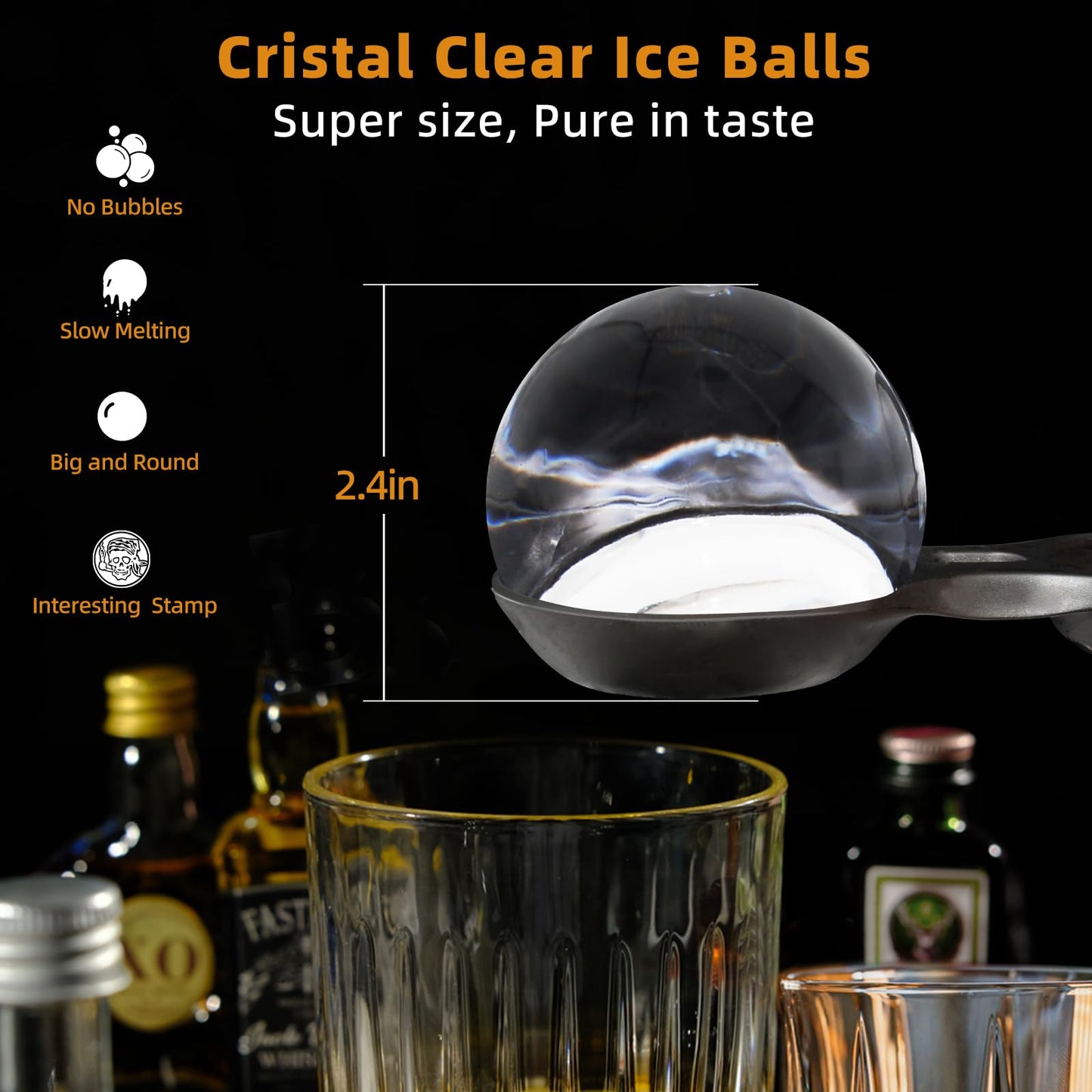 PushGoGo Clear Ice Ball Maker,Four Large 2.4" Crystal Clear Ice Balls for Whiskey, Cocktails, Bourbon,4-Cavity BPA-Free Silicone Easy Remove Ice Sphere Molds with Storage Bag,Stamp