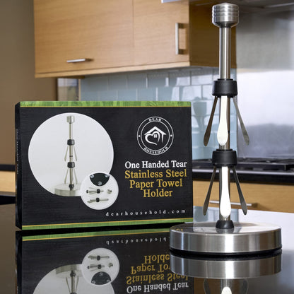 Heavy-Duty Stainless Steel Paper Towel Holder - Easy One-Handed Tear with Suction Cups - Modern Weighted Standing Countertop Dispenser for Kitchen - Holds All Paper Towel Rolls, Silver