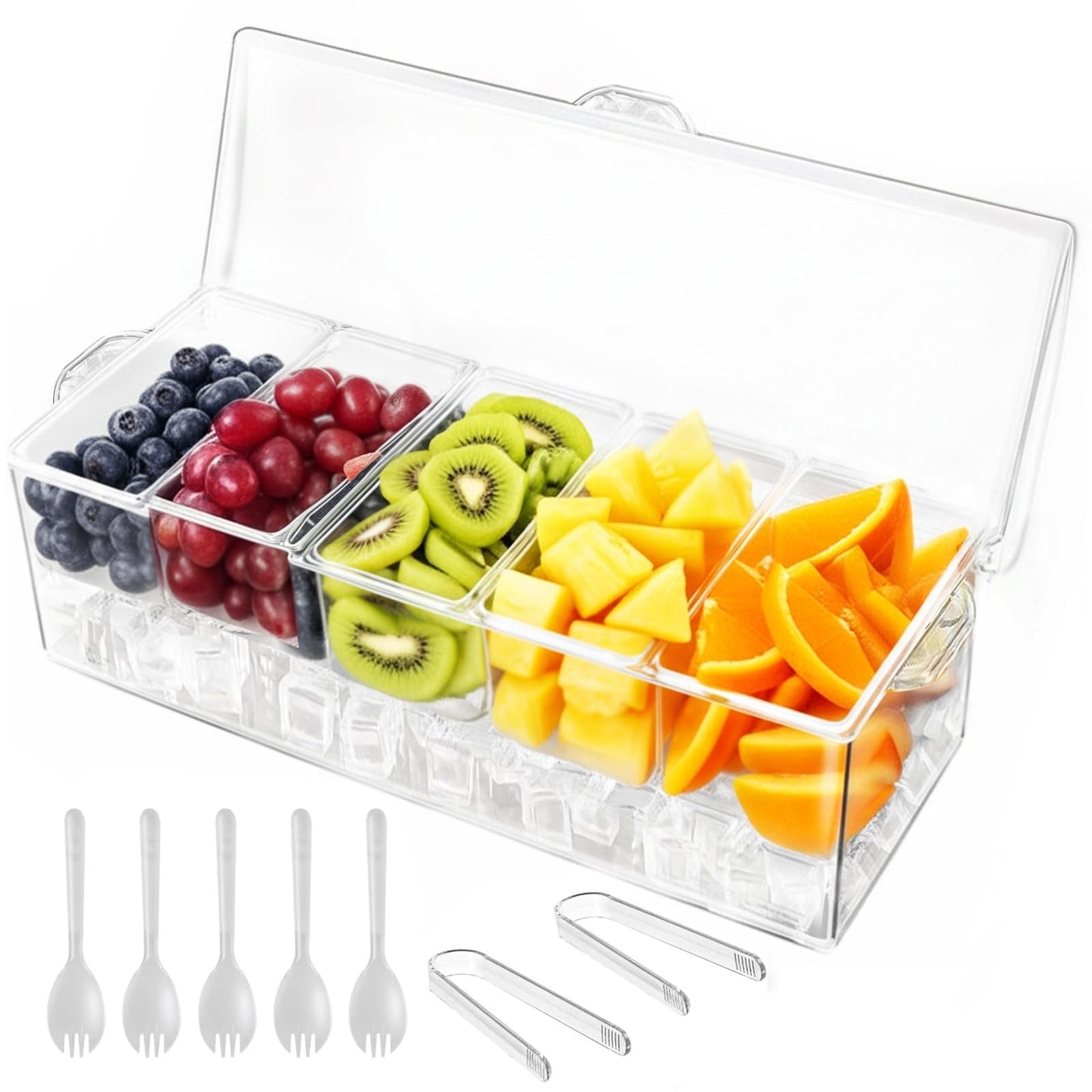 WISHMART Ice Chilled Condiment Caddy with Lid – 5 Removable Compartments, Utensils Included – Buffet Server for BBQ, Taco Bar & Parties
