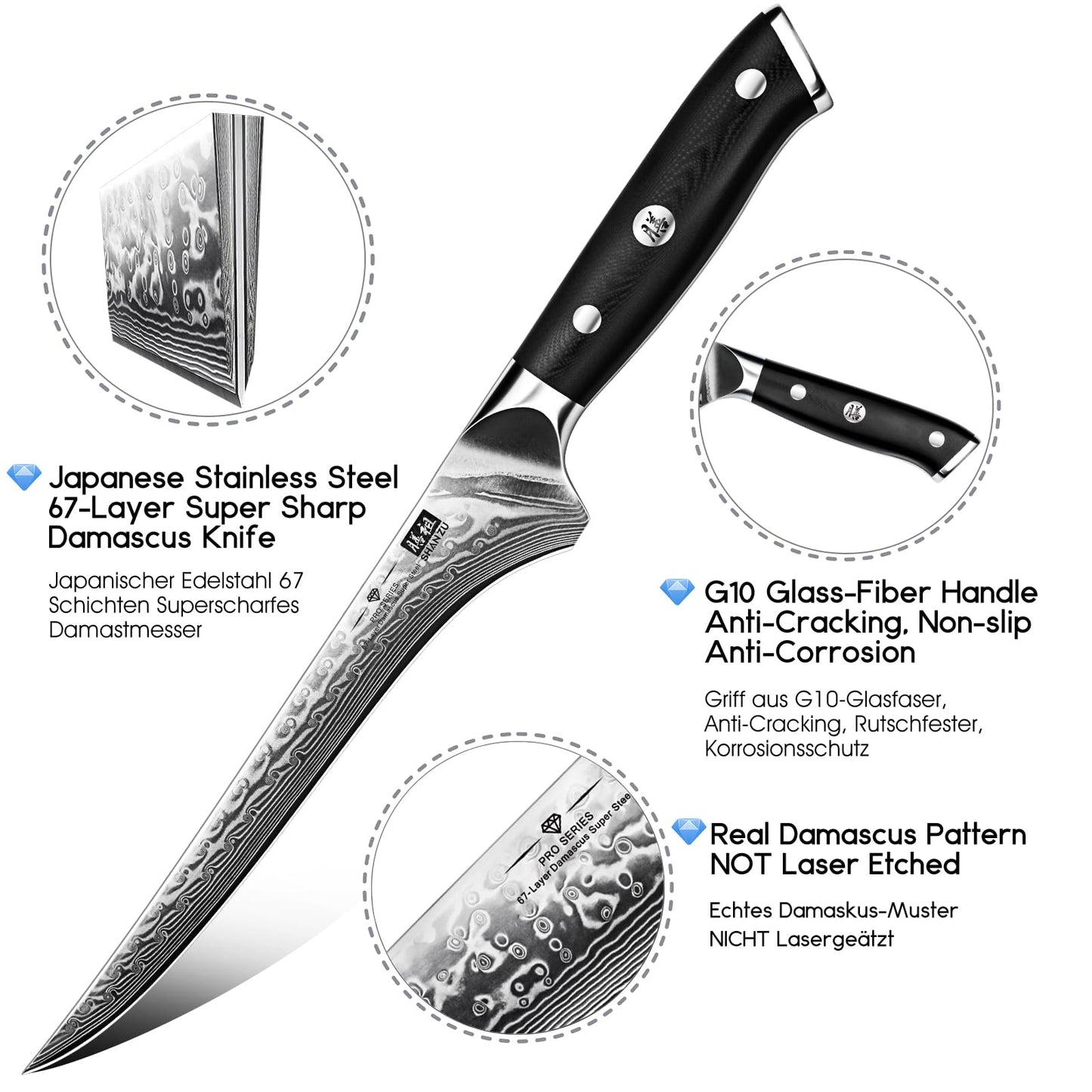 SHAN ZU 7 Inch Fillet Knife, Japanese Steel Damascus Boning Knife, Professional Sharp High Carbon Super Steel Kitchen Utility Knife with Ergonomic G10 Glass Fiber Handle