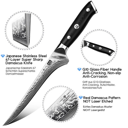 SHAN ZU 7 Inch Fillet Knife, Japanese Steel Damascus Boning Knife, Professional Sharp High Carbon Super Steel Kitchen Utility Knife with Ergonomic G10 Glass Fiber Handle