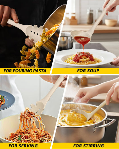 Silicone Pasta Fork and Soup Ladle Set, Heat Resistant Non Stick Kitchen Utensils with Back Hooks, Suitable for Cooking, Stirring, Serving Spaghetti, Soup, Sauce(KHAKI)