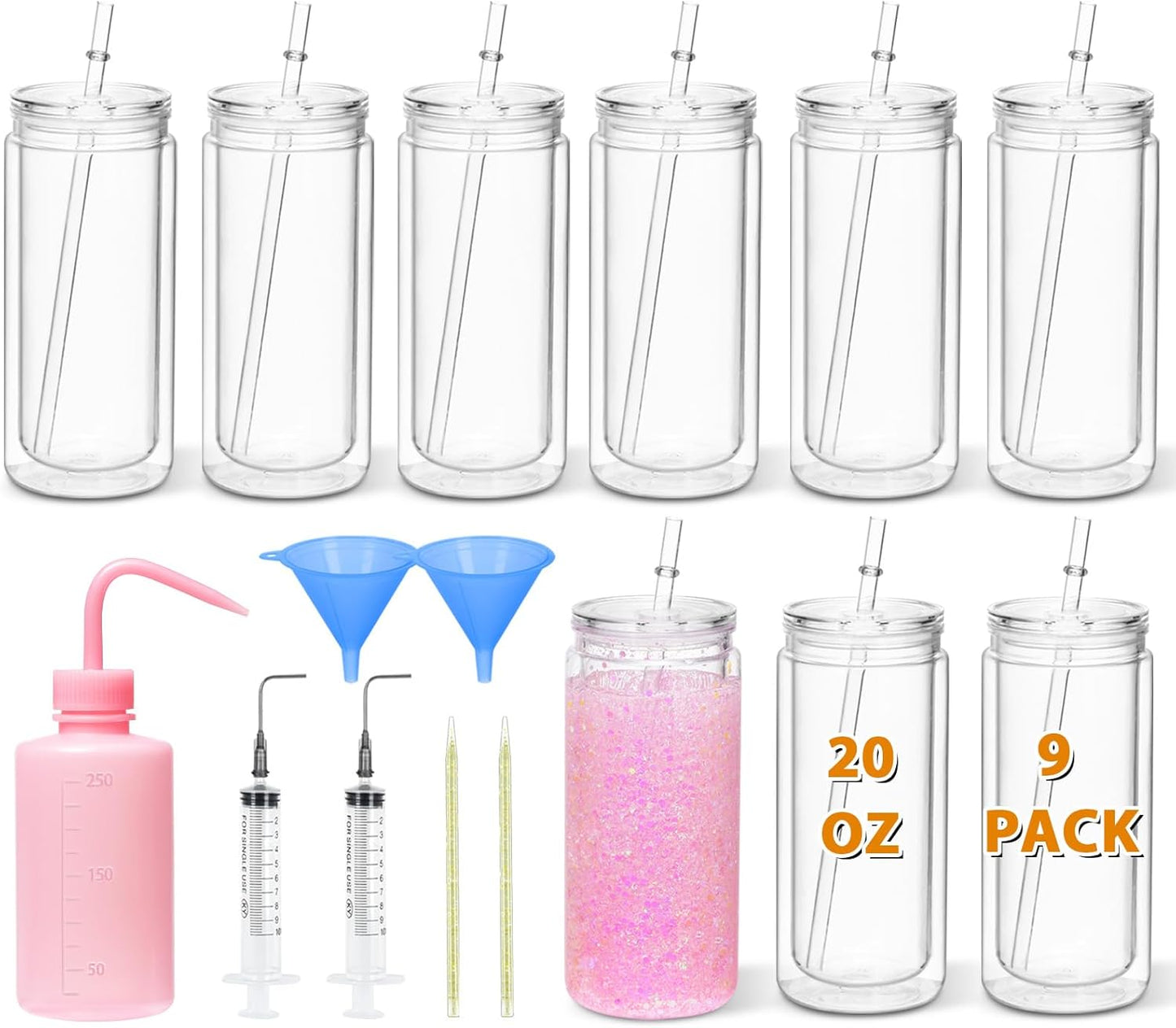 20 Oz 9 Pack Maucircol Acrylic Snowglobe Tumbler Including DIY Kit, Pre-Drilled Double Wall Plastic Snowglobe Cup