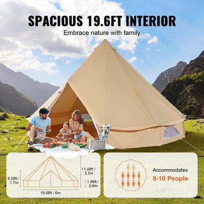 VEVOR Canvas Bell Tent, 4 Seasons 6 m/19.68 ft, Canvas for Camping with Stove Jack, Breathable Holds up to 10 People, Family Camping Outdoor Hunting Party