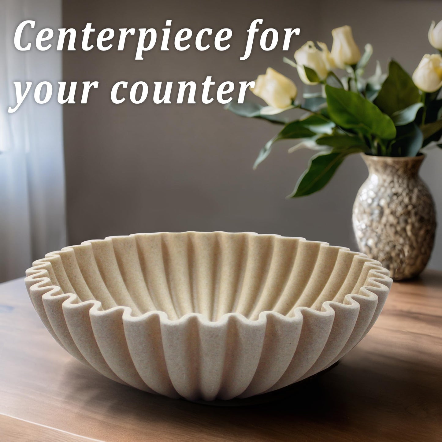 LIN CHUAN Ruffle Decorative Bowl, Large Fruit Bowl for Kitchen Counter, Stylish Key Bowl for Entry Table, Handcrafted Home Decor Display bowl, Artificial Stone Beige