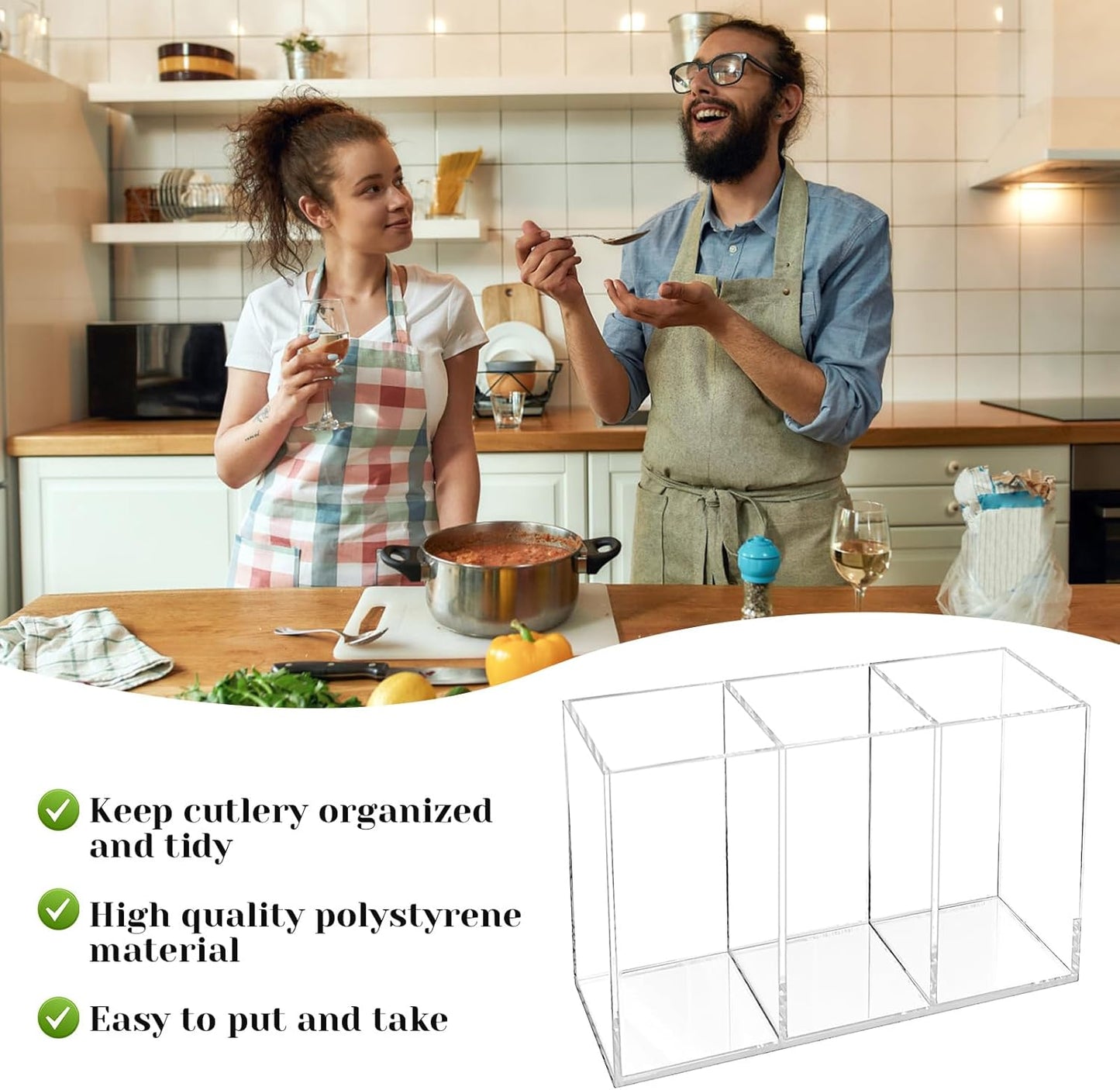 Rainmae Acrylic Cutlery Storage Organizer, Plastic Utensil Holder for Kitchen Countertop Organization, Holds Silverware