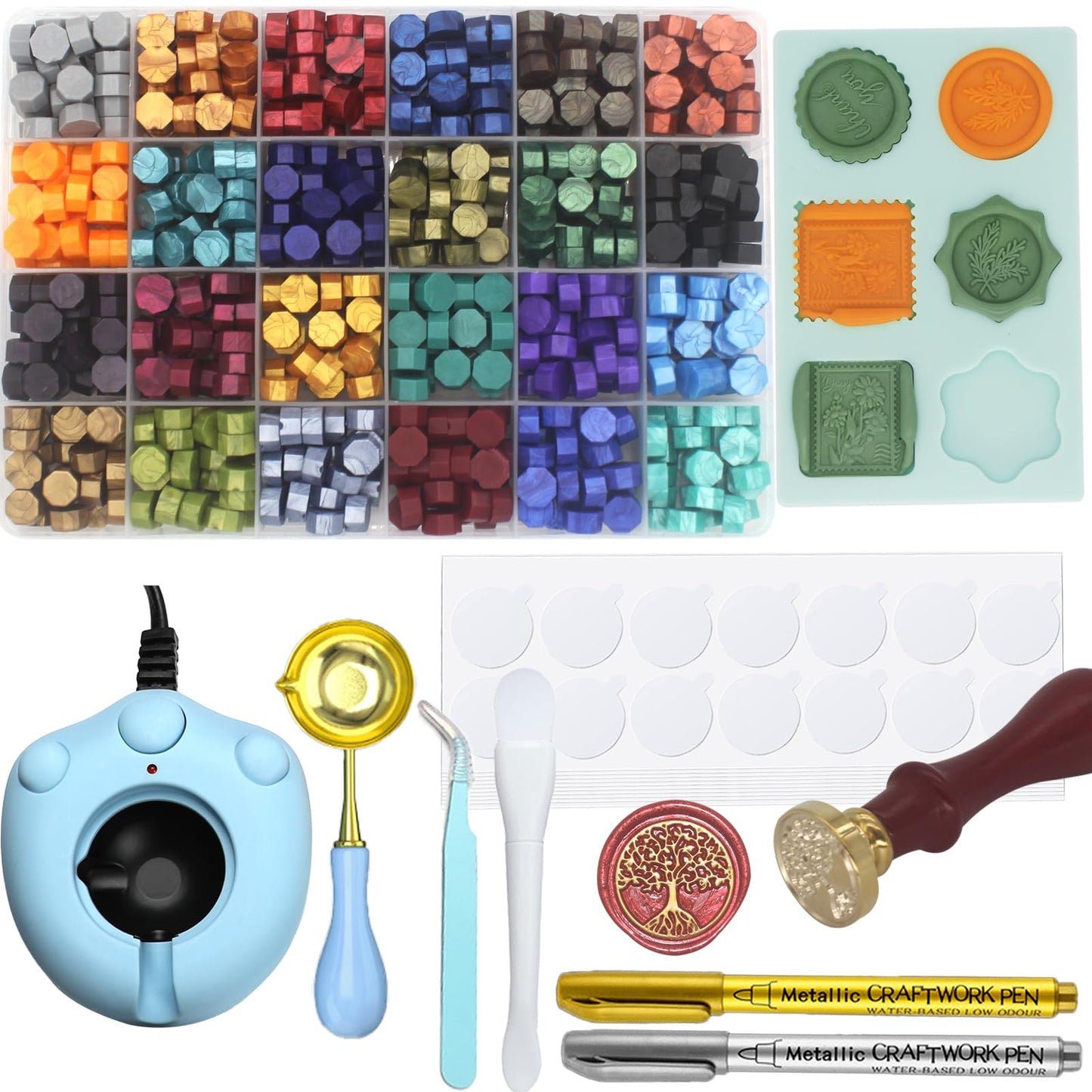 Andotopee Wax Seal Kit With 24 Colors Envelope Stamp Seals Beads 600pcs, Tree of Life Sealing Stamp, Electric Wax Seal Warmer Set, Silicone Mold, Metallic Pen, 120 Removable Sticky Dots, Spoon Cleaner