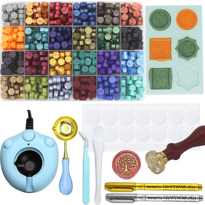 Andotopee Wax Seal Kit With 24 Colors Envelope Stamp Seals Beads 600pcs, Tree of Life Sealing Stamp, Electric Wax Seal Warmer Set, Silicone Mold, Metallic Pen, 120 Removable Sticky Dots, Spoon Cleaner