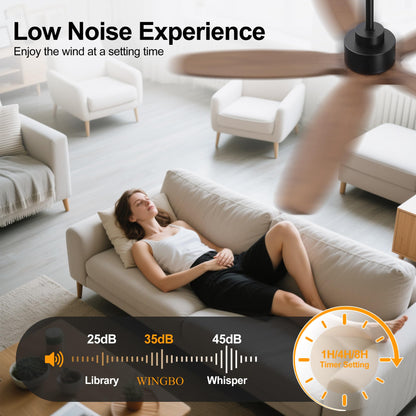 WINGBO 54 Inch Ceiling Fan without Light - 5 Carved Solid Wood Blades, 6-Speed Reversible DC Motor, Noiseless Remote Control Ceiling Fan No Light for Bedroom Living Room Kitchen, Black and Walnut