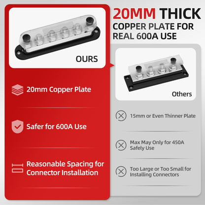 DAIERTEK 600A Power Distribution Block 12V Bus Bar Terminal Block 6 x 3/8" Terminal Studs 12 Volt Marine Bus Bar with Cover Positive & Negative for Automotive Car Boat Solar System