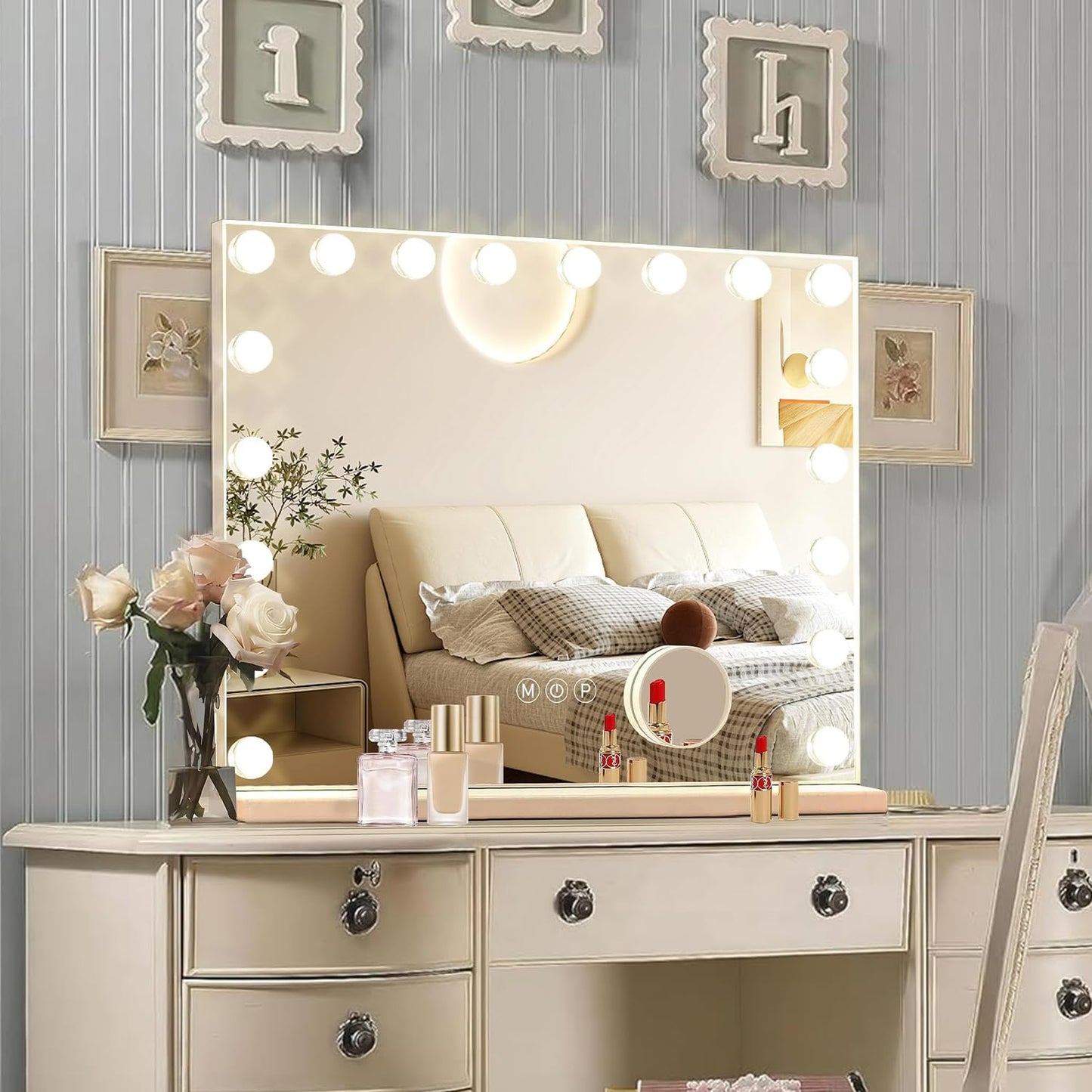 Hollywood Vanity Mirror with Lights, 15 Dimmable Bulbs, 3 Color Lights,Make Up Lighted Mirror, Aluminum Metal Frame, USB Charging Port（23" x 18"）