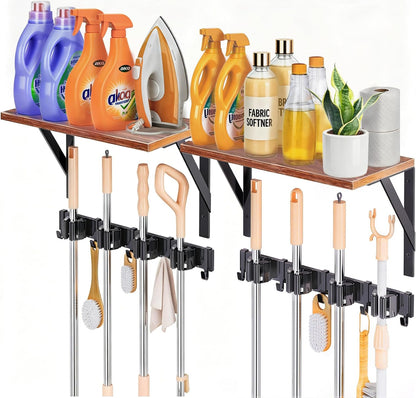 Skiennix Broom Holder Wall Mount - Space-Saving Organizer with 8 Slots & 10 Hooks | Ideal for Laundry Room, Garage, Garden