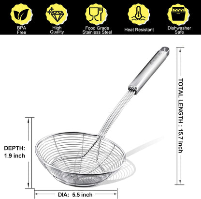 Anaeat Stainless Steel Spider Strainer Skimmer - Solid Kitchen Strainer Ladle with Long Handle for Cooking and Frying, Reinforced Double Coil Slotted Spoons for Pasta, Noodle, Spaghetti (5.5 Inch)