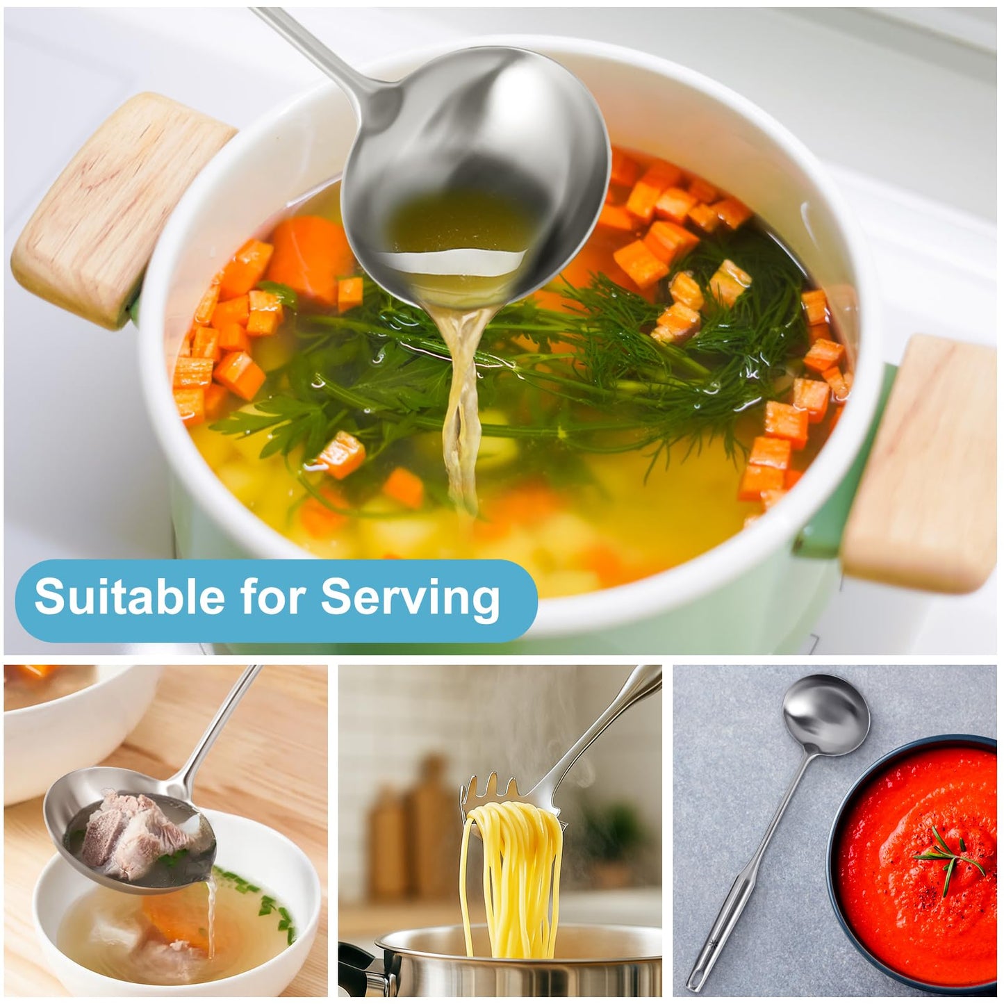 Soup Ladle - 18/10 Stainless Steel Ladle Spoon，13.8" Large Durable Metal Ladel for Serving or Cooking, Stirring, Wok & Soup, Professional Heavy Duty kitchen Utensils, Christmas gifts