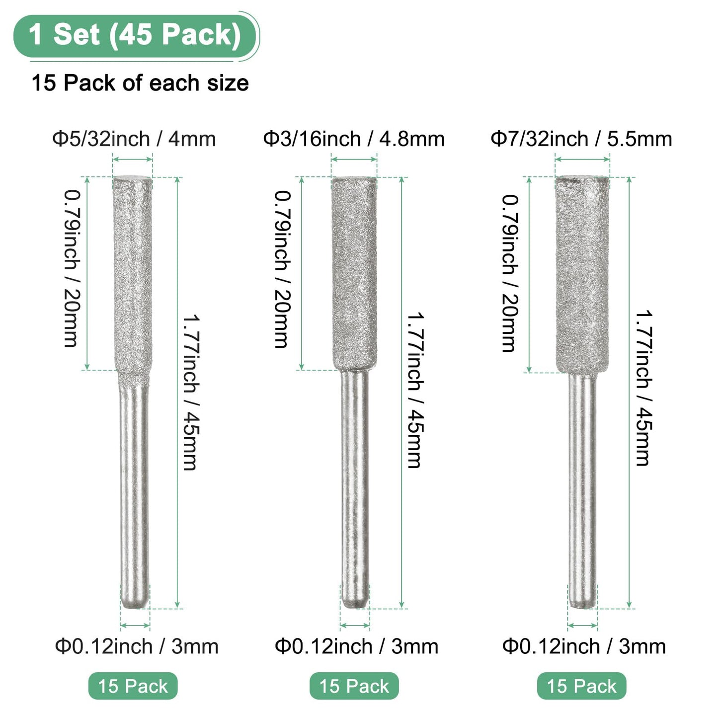 M METERXITY 45-Pack Diamond Chainsaw Sharpener, 5/32", 3/16", 7/32" High Hardness Grinding Stone Chainsaw Sharpening Kit for Electric Chainsaw Sharpener/Stone Carvings [3mm Silver]