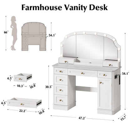 AMBERHAUS Farmhouse Makeup Vanity Desk with Mirror and Lights, 47'' Vanity Table with 8 Storage Drawers 1 Cabinet & 2 Organizer Trays, Big Dressing Table with Charging for Bedroom Classic White
