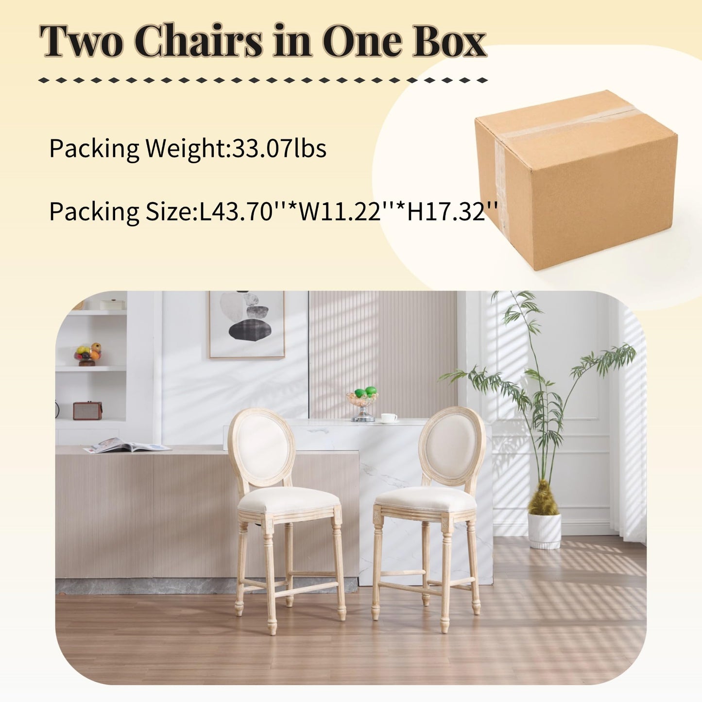 26" French Country Counter Height Chairs Set of 2,Upholstered Round-Back Bar Stools with Solid Wood Frame,Brushed Wire-Drawing Finish, Disassemblable Design for Kitchen,Living Room,Restaurant, Beige