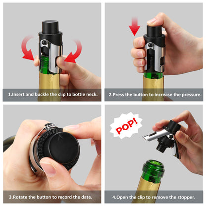 HYZ 2-Pack Champagne Stoppers Wine Saver, Sparkling Wine Vaccum Stoppers with Built-in Pump for Champagne, Prosecco and Cava - Stainless Steel + ABS Champagne Bottle Stoppers, Black